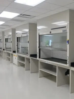 A row of lab benches in a clean room.